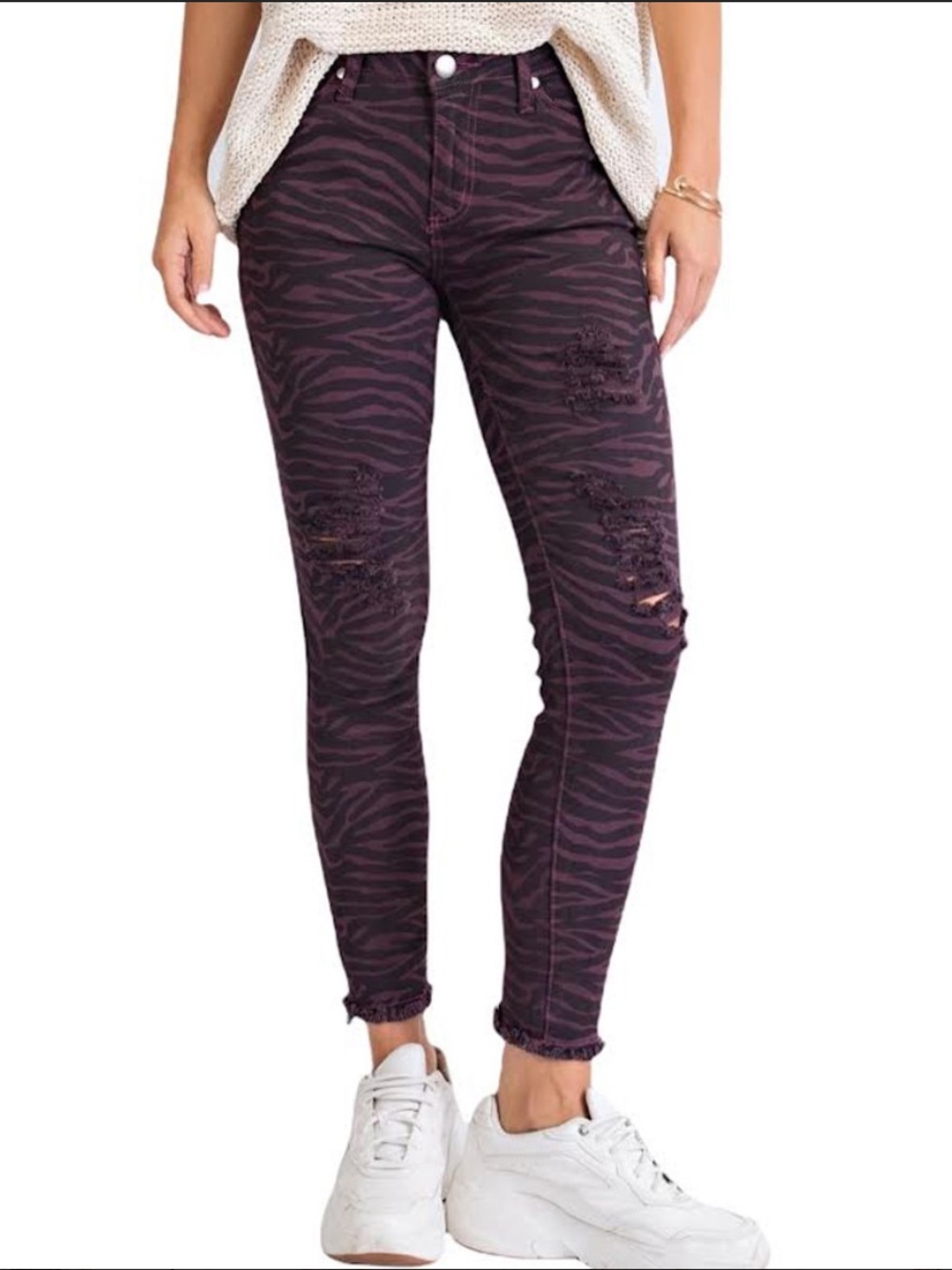Easel Purple & Black Zebra-Print Distressed Stretch Denim Jeans Medium